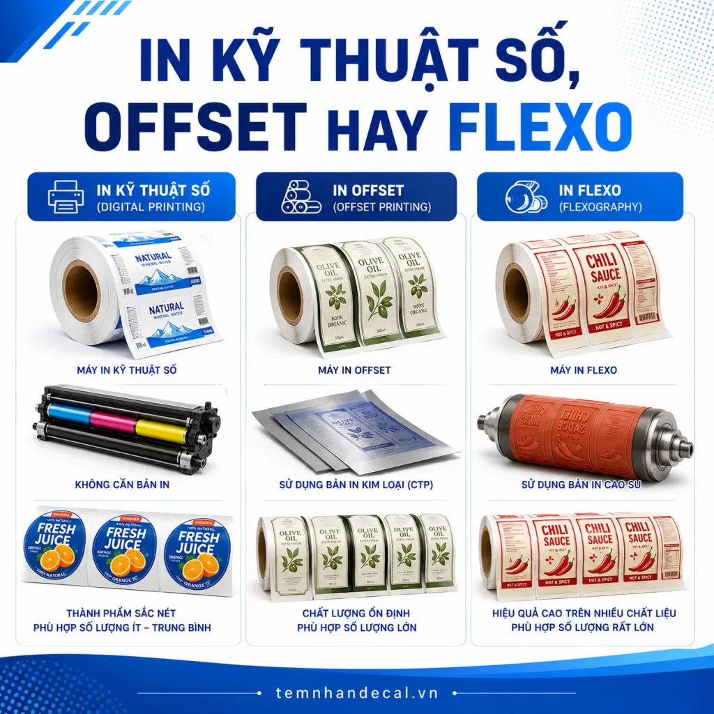 So sánh in kỹ thuật số offset hay flexo cho tem nhãn về số lượng, chi phí, tốc độ, màu sắc và dạng thành phẩm để chọn đúng công nghệ.