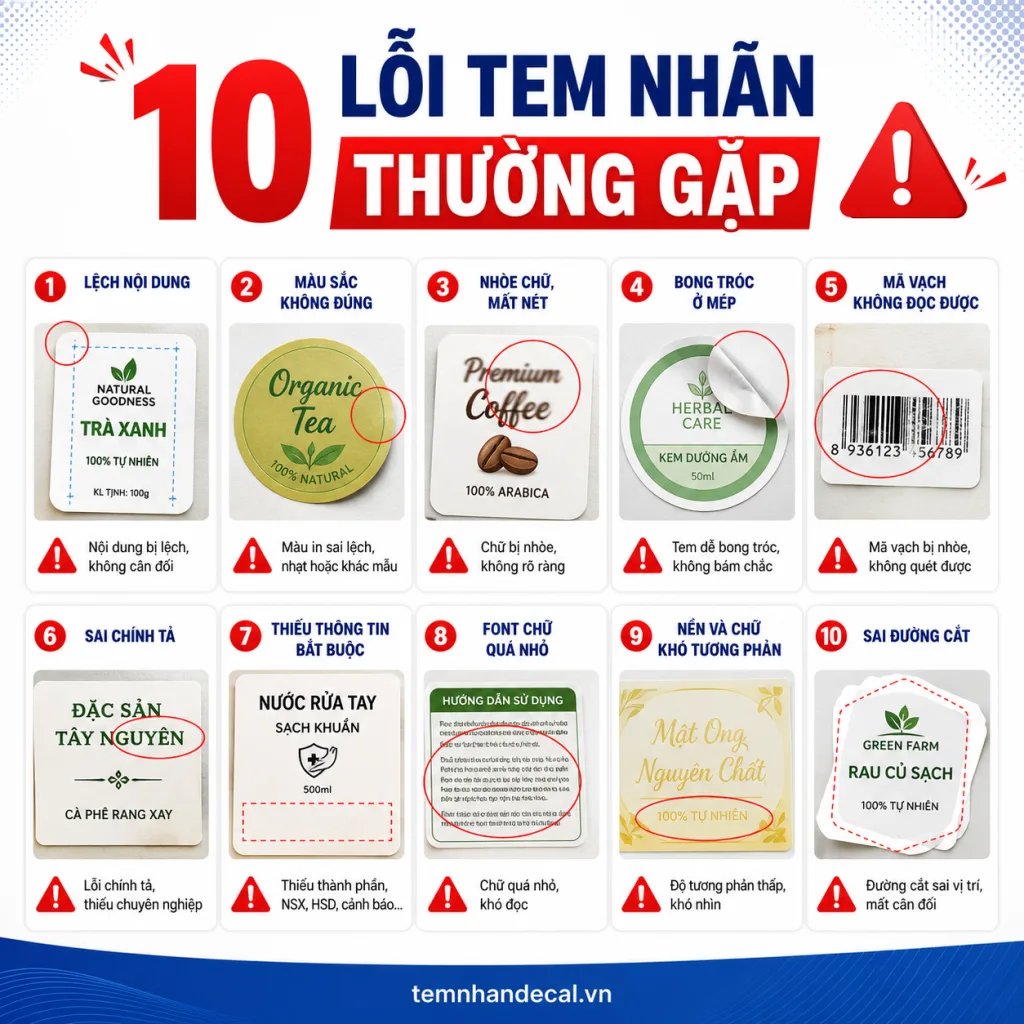 Tem bị bong, nhăn, phồng, lệch màu hoặc khó quét mã? Xem 10 lỗi tem nhãn thường gặp, nguyên nhân và cách khắc phục trước khi in lại.