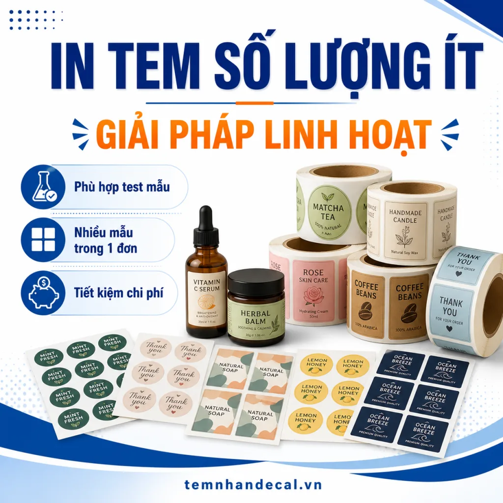 In tem số lượng ít có đắt không? Tìm hiểu công nghệ phù hợp, nguyên nhân đơn giá cao và 9 cách tiết kiệm khi in tem logo, chai lọ, hộp và túi.