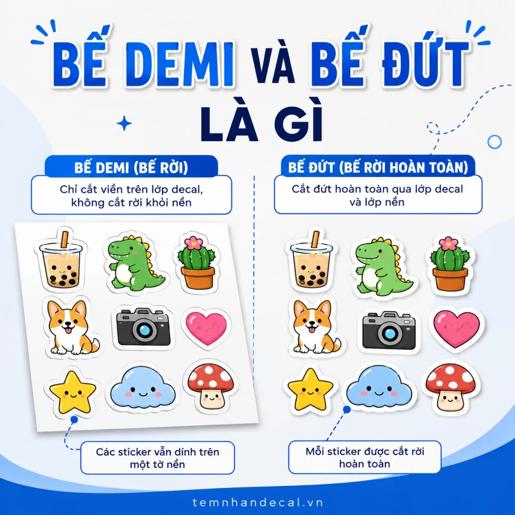 Bế demi và bế đứt khác nhau thế nào? Tìm hiểu cách cắt tem decal, ưu nhược điểm, chi phí và cách chọn quy cách phù hợp khi đặt in.