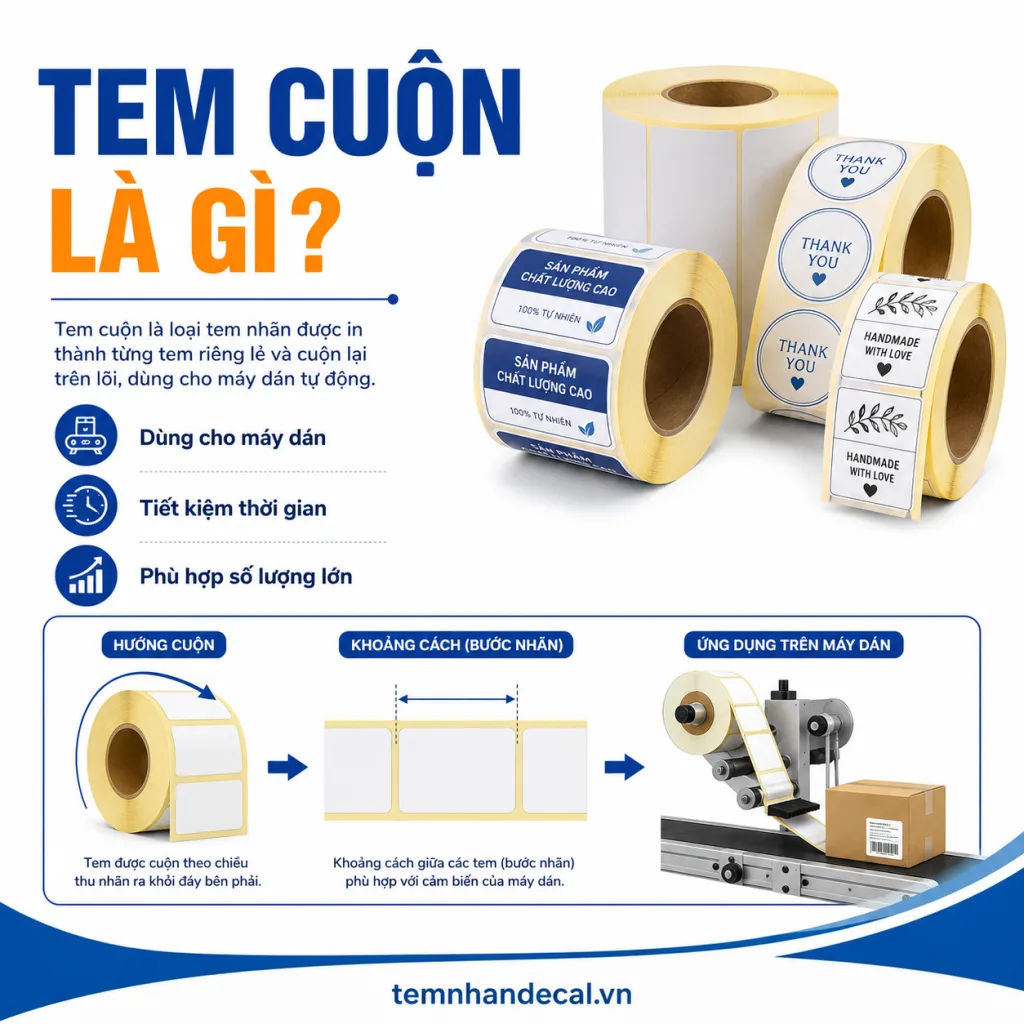 Tem cuộn là gì và khác tem dạng tờ thế nào? Xem 10 thông số phải gửi khi dán máy: lõi cuộn, chiều ra tem, khoảng cách, đường kính và số tem mỗi cuộn.