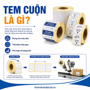 Tem cuộn là gì và khác tem dạng tờ thế nào? Xem 10 thông số phải gửi khi dán máy: lõi cuộn, chiều ra tem, khoảng cách, đường kính và số tem mỗi cuộn.