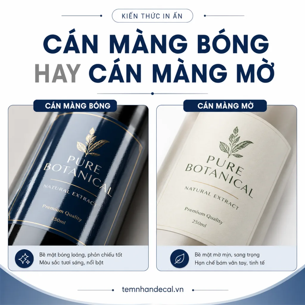 So sánh cán màng bóng và cán màng mờ cho tem nhãn: độ bền, màu sắc, chống trầy, phản sáng, chi phí và cách chọn phù hợp với từng sản phẩm.