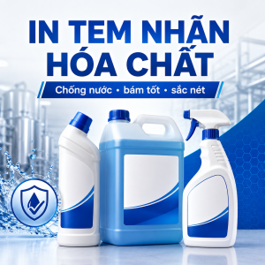 In tem nhãn hóa chất, nước giặt, nước tẩy rửa theo yêu cầu. Tư vấn decal chống nước, keo bám chai nhựa, nội dung cảnh báo và tem cuộn dán máy.