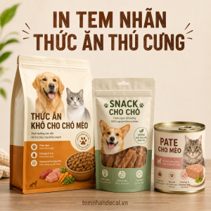 In tem nhãn thức ăn thú cưng cho túi hạt, pate, snack và sản phẩm chăm sóc chó mèo. Tư vấn decal chống ẩm, chống dầu, QR và nhiều mẫu.