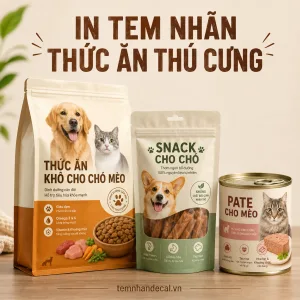 In tem nhãn thức ăn thú cưng cho túi hạt, pate, snack và sản phẩm chăm sóc chó mèo. Tư vấn decal chống ẩm, chống dầu, QR và nhiều mẫu.