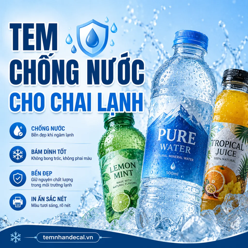 Cách chọn tem chống nước cho chai lạnh, ly trà sữa và đồ đông lạnh: chất liệu, keo, cán màng, cách thử độ bám và lỗi cần tránh.