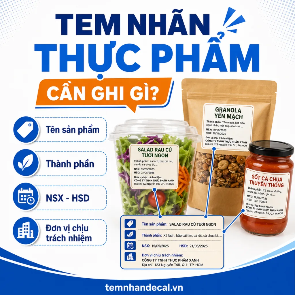 Tem nhãn thực phẩm cần ghi gì trước khi in? Xem 10 mục quan trọng, cách chọn chất liệu, kích thước và tem chống nước cho đồ khô, lạnh, đông lạnh.