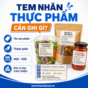 Tem nhãn thực phẩm cần ghi gì trước khi in? Xem 10 mục quan trọng, cách chọn chất liệu, kích thước và tem chống nước cho đồ khô, lạnh, đông lạnh.