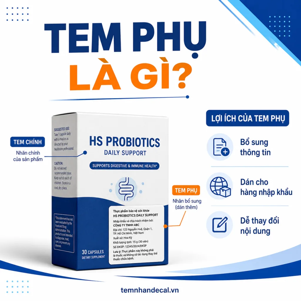 Tem phụ là gì, khi nào cần dán và gồm những nội dung nào? Xem 9 mục cần kiểm tra, cách chọn kích thước, chất liệu và tránh lỗi khi in tem phụ.