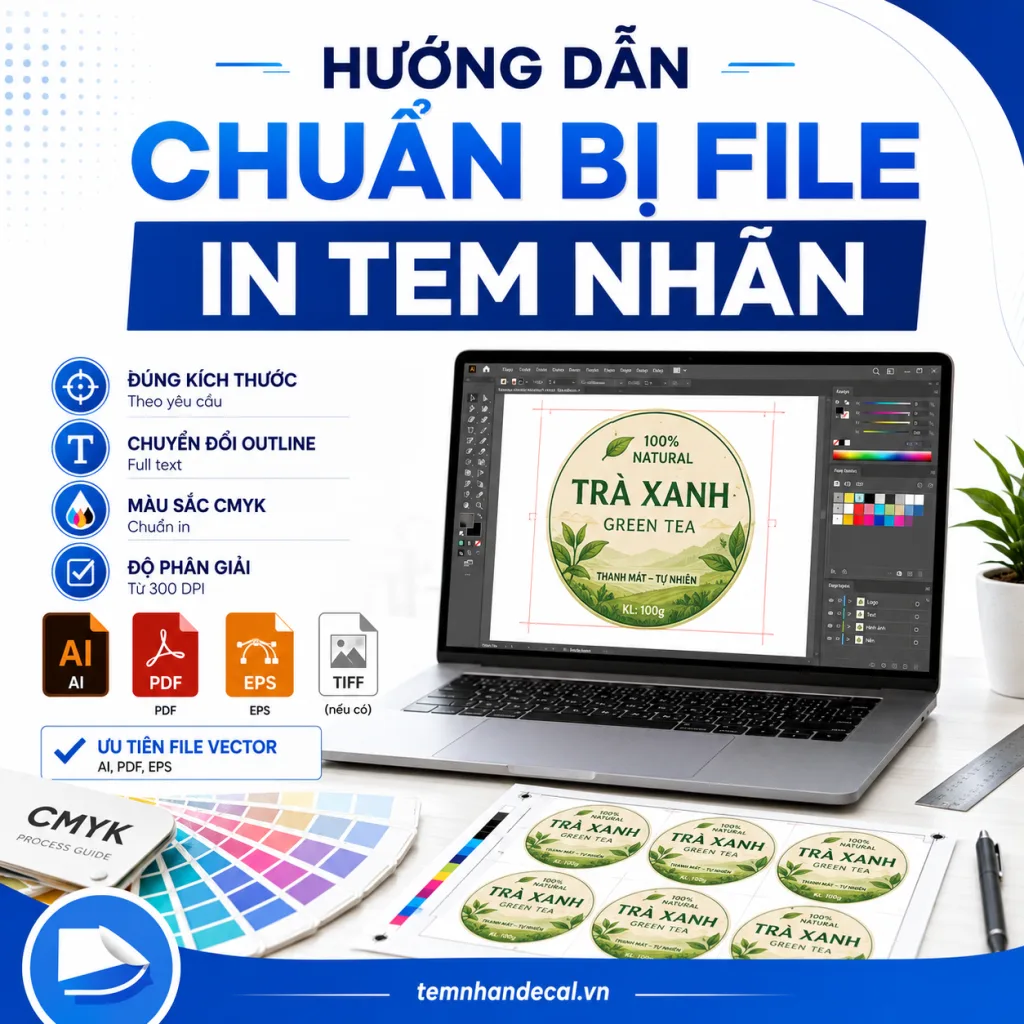 Hướng dẫn chuẩn bị file in tem nhãn AI, PDF, CDR đúng kỹ thuật: hệ màu CMYK, độ phân giải, bù xén, vùng an toàn, font chữ và đường bế.