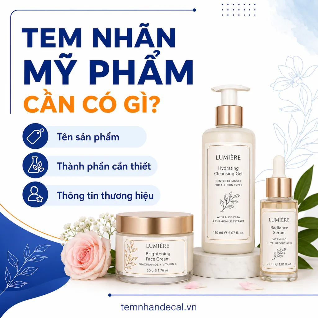 Tem nhãn mỹ phẩm cần có gì trước khi in? Xem 12 mục cần kiểm tra, cách chọn kích thước, chất liệu chống nước và lỗi thường gặp trên chai, lọ, hũ.