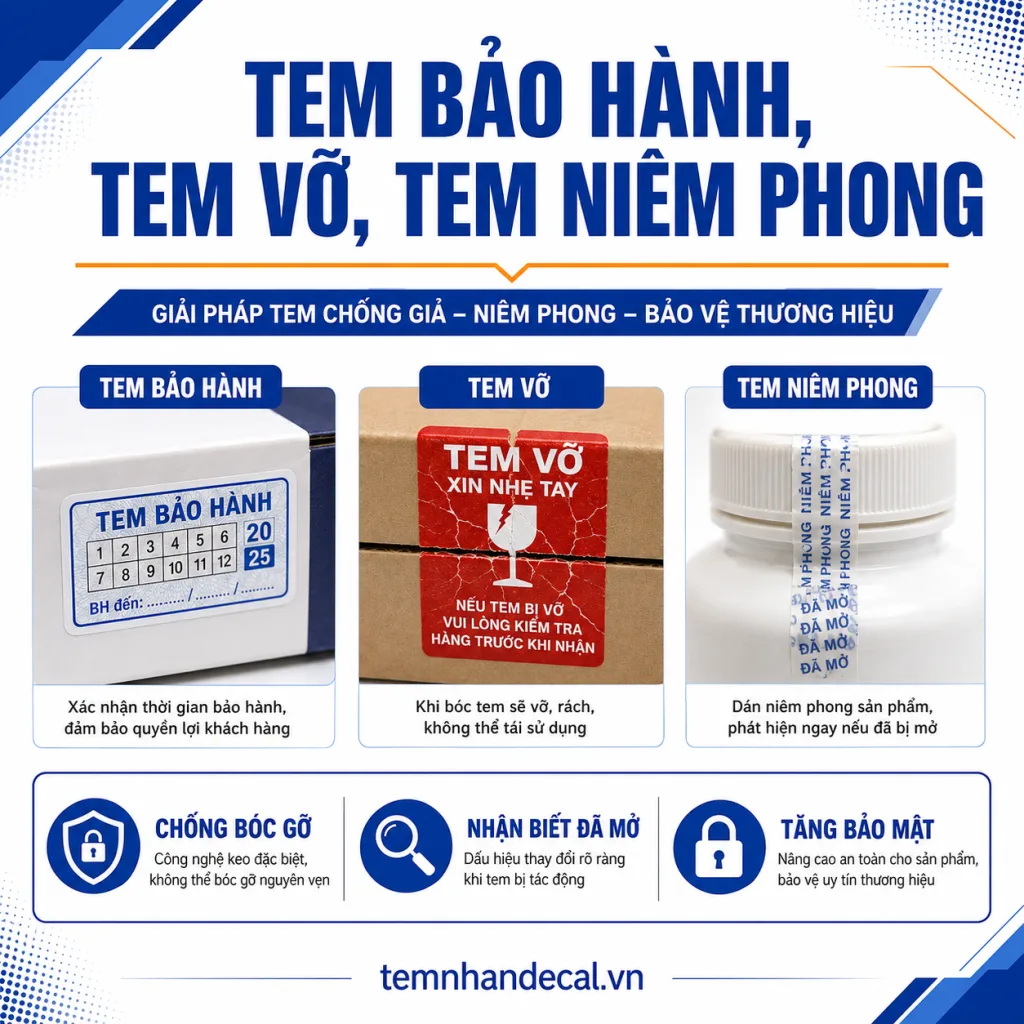 Tem bảo hành tem vỡ tem niêm phong khác nhau thế nào? So sánh mục đích, chất liệu, độ bám, kích thước và cách chọn đúng cho từng sản phẩm.