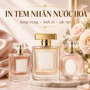 In tem nhãn nước hoa theo yêu cầu với decal trong, nhựa sữa, xi bạc và ép kim. Tư vấn kích thước cho chai mini, chai 30 ml, 50 ml và 100 ml.