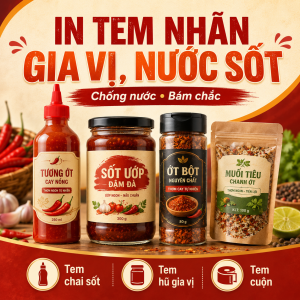 In tem nhãn gia vị, nước sốt, tương ớt, sa tế và chai lọ thực phẩm theo yêu cầu. Tư vấn decal chống nước, chống dầu, kích thước và tem cuộn dán máy.