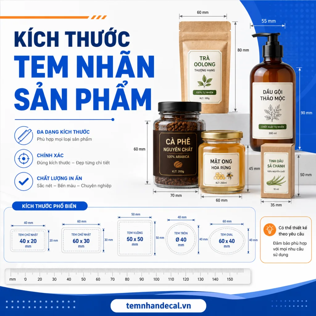 Tổng hợp kích thước tem nhãn sản phẩm phổ biến cho chai, lọ, hũ, hộp, túi zip và ly. Hướng dẫn đo bao bì, chọn dáng tem và tránh in sai.