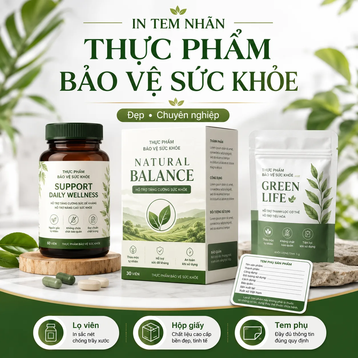 In tem nhãn thực phẩm bảo vệ sức khỏe cho lọ viên, chai, hộp và túi. Tư vấn nội dung trình bày, decal chống ẩm, tem phụ, mã lô và QR truy xuất.