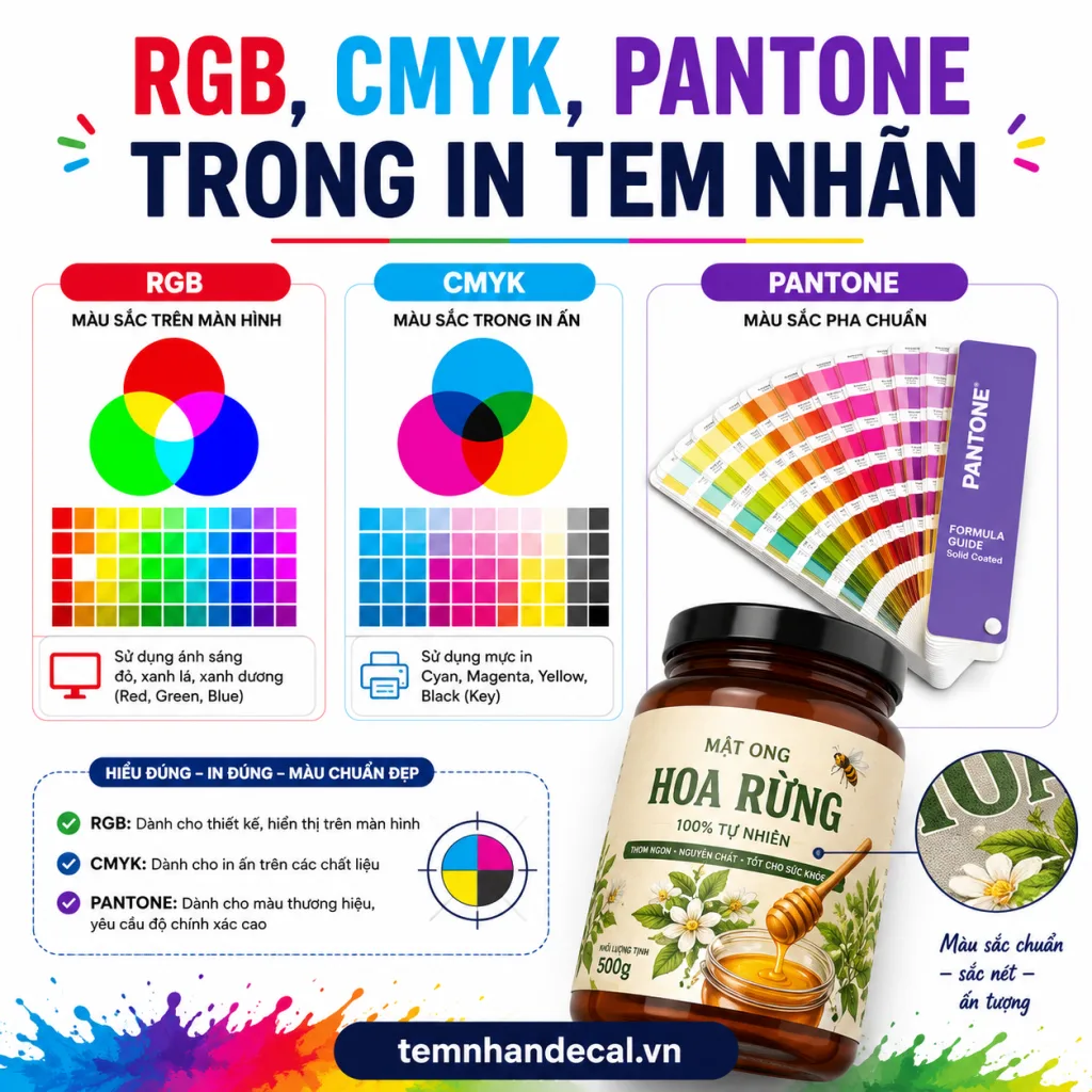 RGB CMYK Pantone trong in tem nhãn khác nhau thế nào? Hướng dẫn chọn hệ màu, chuẩn bị file và hạn chế lệch màu khi thiết kế, in tem nhãn sản phẩm.
