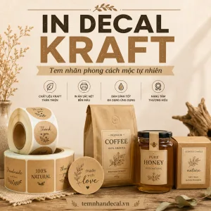 In decal kraft theo yêu cầu cho hộp, túi, chai lọ và sản phẩm handmade. Tư vấn màu in, kích thước, cán màng, bế hình và ứng dụng phù hợp.