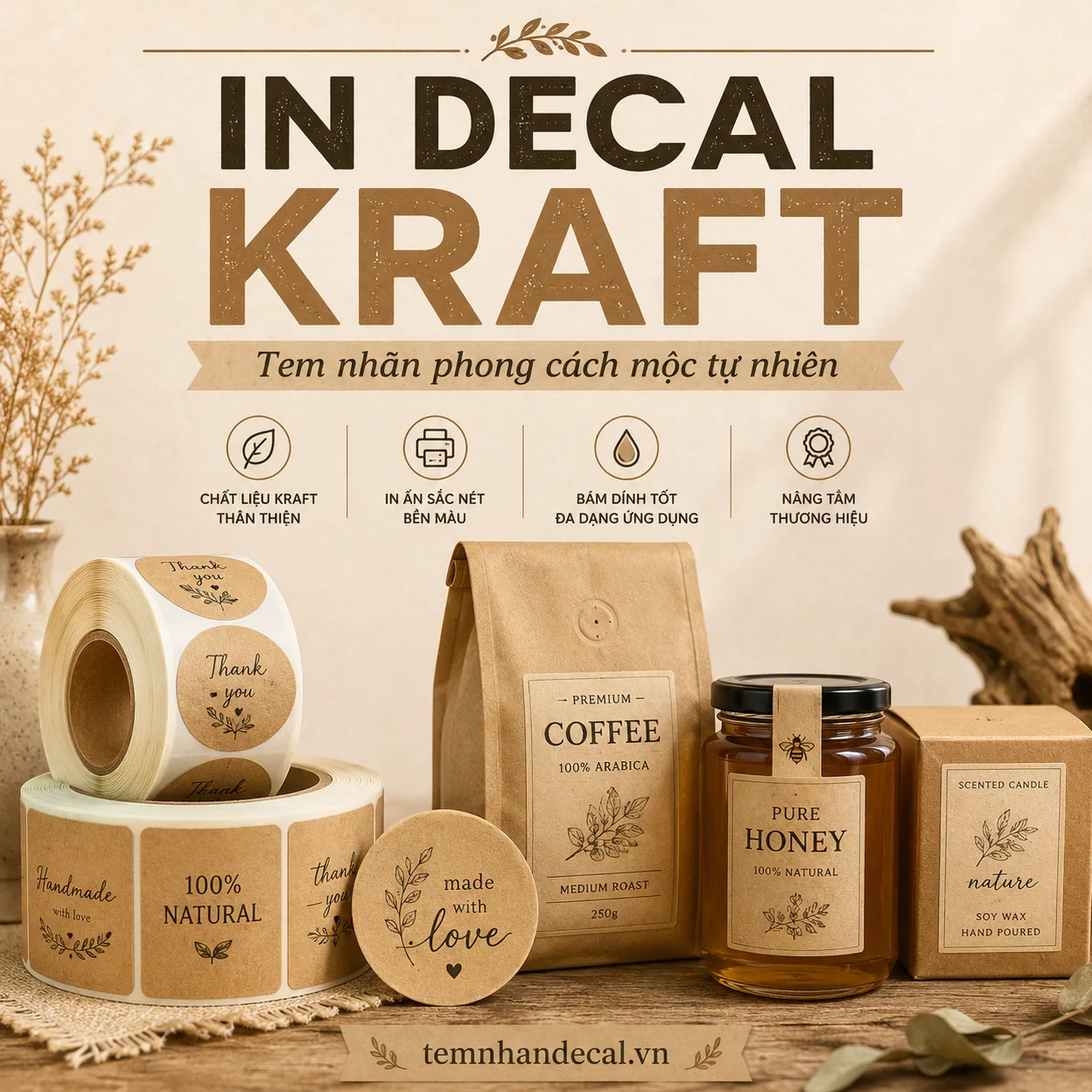 In decal kraft theo yêu cầu cho hộp, túi, chai lọ và sản phẩm handmade. Tư vấn màu in, kích thước, cán màng, bế hình và ứng dụng phù hợp.