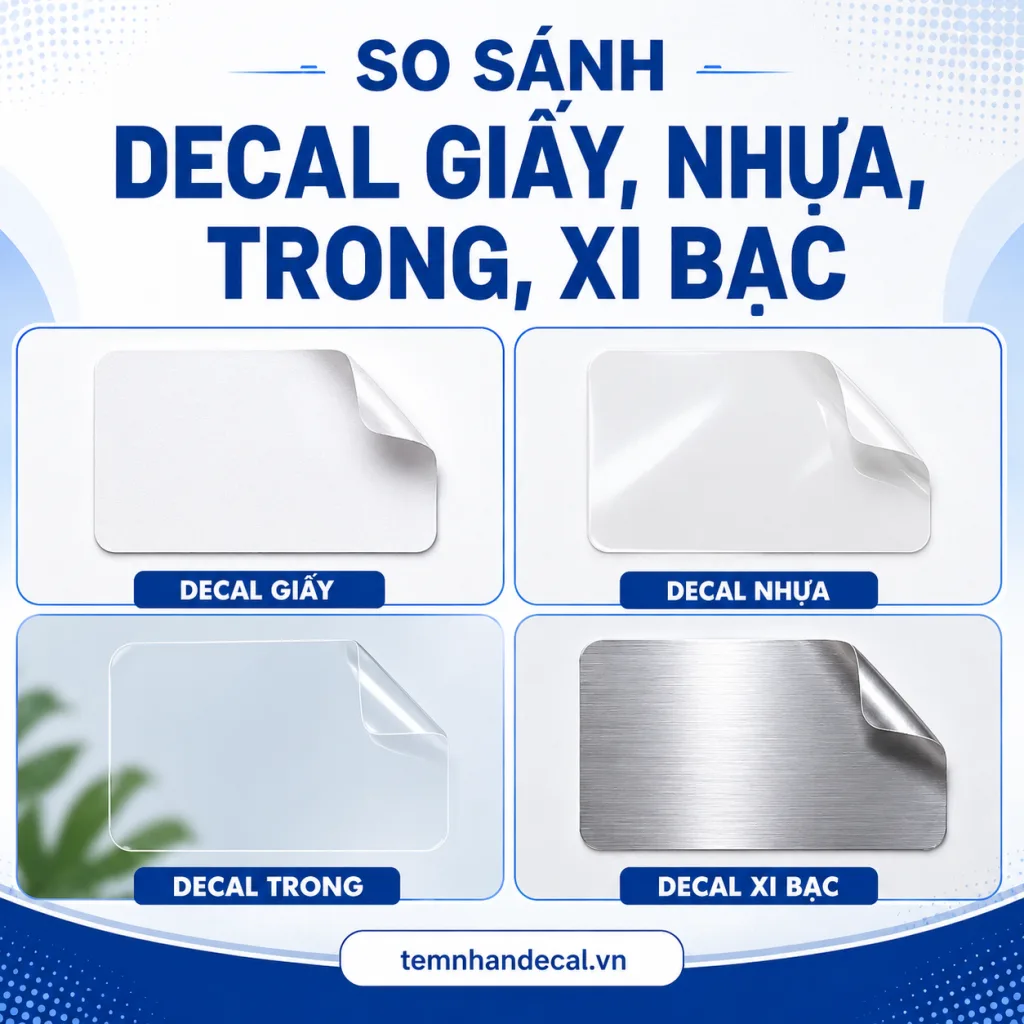 So sánh các loại decal giấy, decal nhựa sữa, decal trong và decal xi bạc về độ bền, chống nước, thẩm mỹ, chi phí và ứng dụng để chọn đúng chất liệu tem.